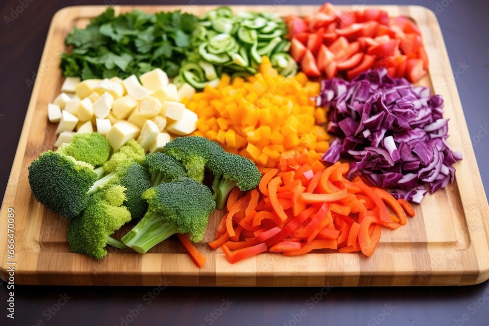 a wooden chopping board with colorful, chopped vegetables a wooden chopping board with colorful, chopped vegetables