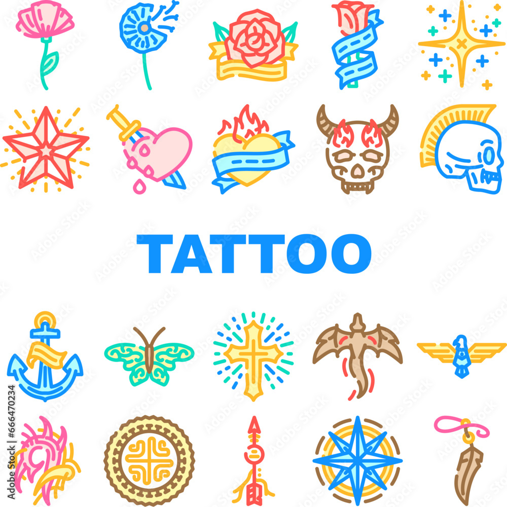 tattoo retro vintage icons set vector. heart, fashion rose, font old school, traditional flame, hand gothic, swallow tattoo retro vintage color line illustrations