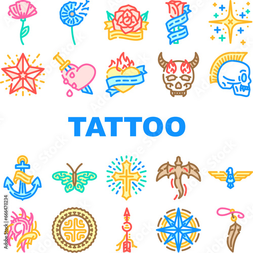 tattoo retro vintage icons set vector. heart  fashion rose  font old school  traditional flame  hand gothic  swallow tattoo retro vintage color line illustrations