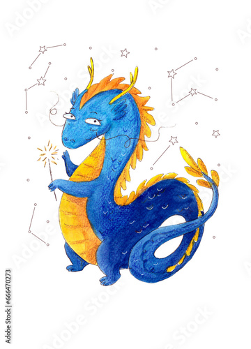 Cute cartoon dragon with sparkles and stars  - symbol of Chinese New Year