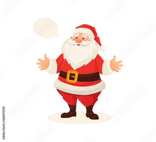 Santa Claus funny cute character with speech bubble isolated on white background. Christmas holiday vector illustration in flat cartoon style