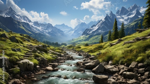 Captivating Alpine Scenery  Majestic Peaks  Lush Valleys  and Tranquil Rivers in Europe s Breathtaking Nature  generative AI