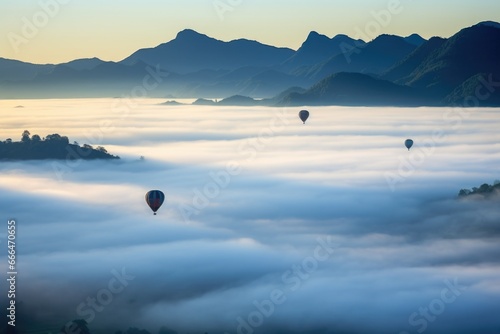 air balloon silhouettes floating above a misty valley