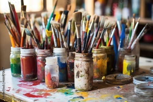 various types of artist胢s brushes on a ceramic worktable