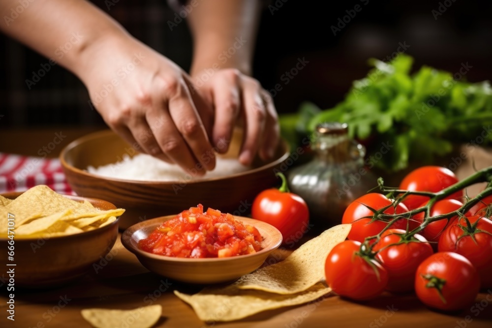 persons hand garnishing a bowl of salsa and tortilla chips