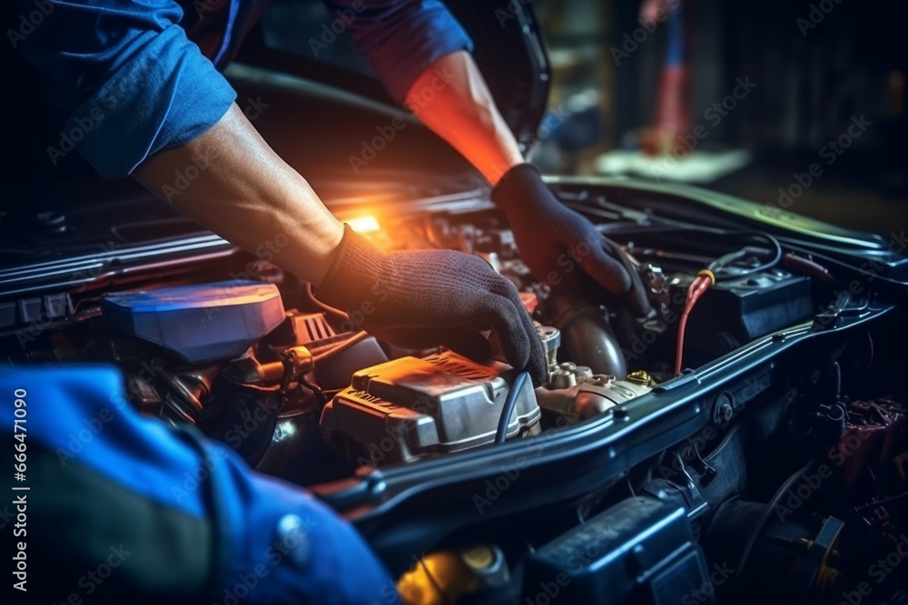 Technician Hands of car mechanic working repair in auto repair Service electric battery and Maintenance of car battery. Check the electrical system inside the car. Technician Hands of car mechanic working repair in auto repair Service electric battery and Maintenance of car battery. Check the electrical system inside the car.