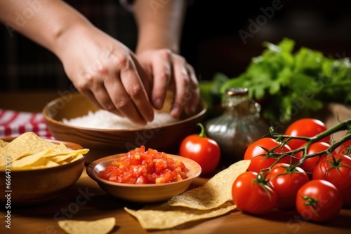 persons hand garnishing a bowl of salsa and tortilla chips