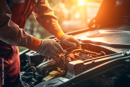 Technician Hands of car mechanic working repair in auto repair Service electric battery and Maintenance of car battery. Check the electrical system inside the car.