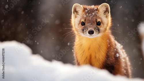 Close up of a marten sitting in the snow in a forest at winter