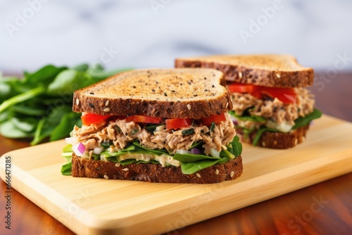 a freshly made tuna salad sandwich on whole grain bread