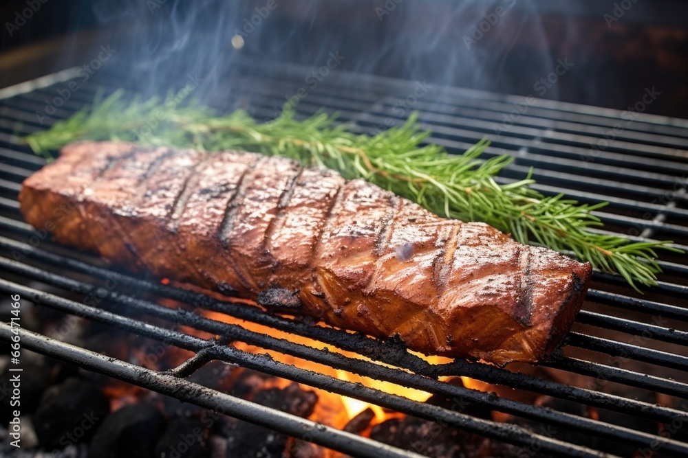 seitan steak on grill, smoke curling upwards seitan steak on grill, smoke curling upwards