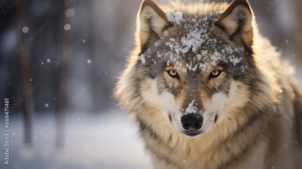 Obraz premium Close up of a grey wolf in a winter landscape with snow