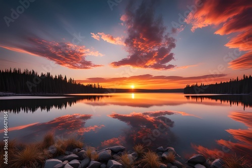 A vibrant sunset over a serene lake