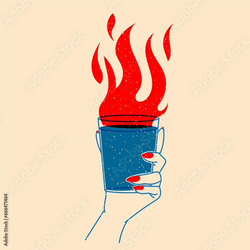 Hand holding cocktail with fire. Vector illustration in a minimalist style  with Riso print effect. Design element for advertising, posters, prints for clothing, banners, covers, websites