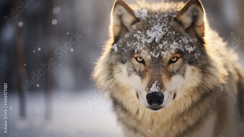 Close up of a grey wolf in a winter landscape with snow