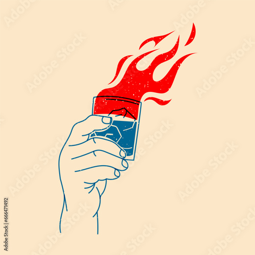 Hand holding cocktail with fire. Vector illustration in a minimalist style  with Riso print effect. Design element for advertising, posters, prints for clothing, banners, covers, websites