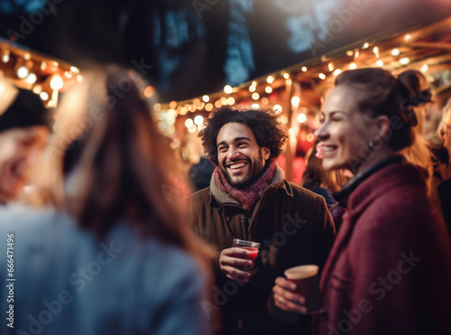 During the festive season, a mixed group of friends meet on a terrace for a drink and a good time. Generative ai