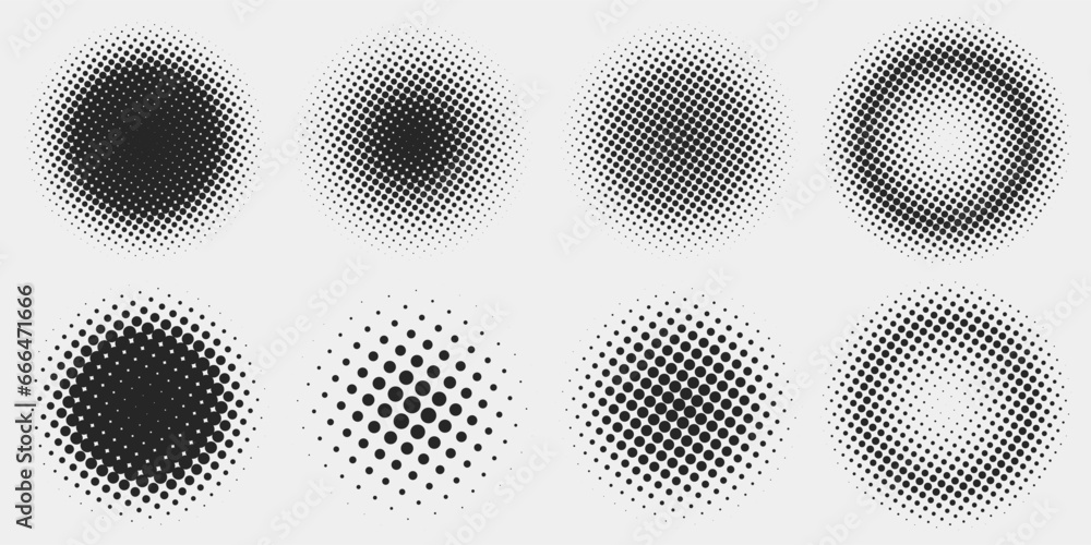 Abstract random black gradient halftone circle textures isolated on a white background. Geometric vector shape elements pattern for presentation design. Fit for corporate, business, or advertising