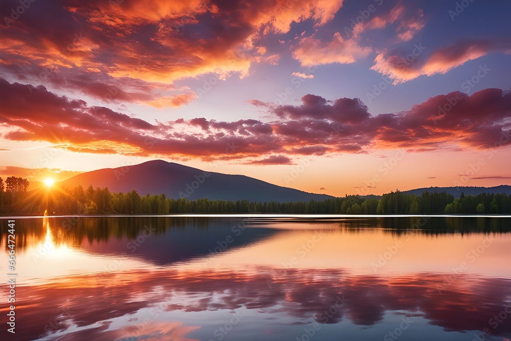 Fototapeta premium A vibrant sunset over a serene lake