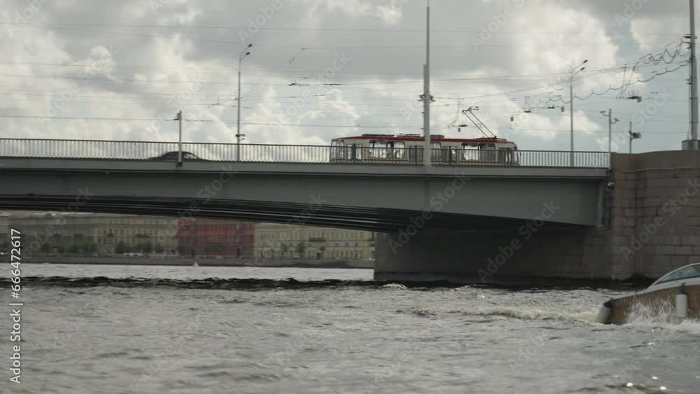 Public transport travels across the bridge over the Neva River Canal to St. Petersburg. Transport infrastructure of St. Petersburg Public transport travels across the bridge over the Neva River Canal to St. Petersburg. Transport infrastructure of St. Petersburg