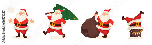 Set of cute funny Santa Claus characters with gift bag and Christmas tree in different poses, emotions, holiday situations isolated. Christmas holiday vector illustration in flat cartoon style