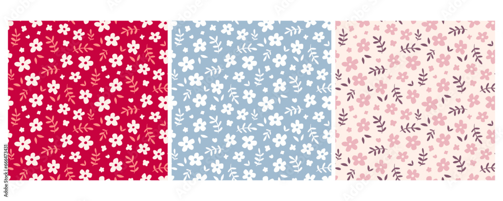 Daisy Flowers Seamless Pattern Set. Floral Print Daisy Flowers Seamless Pattern Set. Floral Print