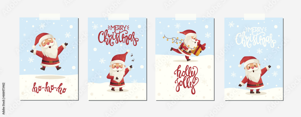 Naklejka premium Set of Christmas greeting cards for new year winter holiday with cute funny xmas Santa Clauses and lettering. Christmas poster vector illustration in flat cartoon style