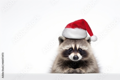 Christmas cute funny baby raccoon in Santa hat © dvoevnore