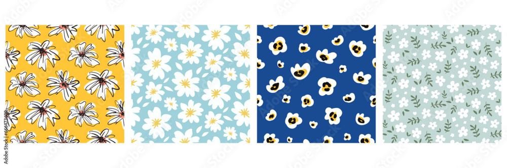 Hand Drawn Floral Seamless Pattern Flowers Set Hand Drawn Floral Seamless Pattern Flowers Set