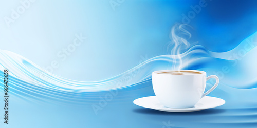 A white cup of hot coffee on a pale blue wavy and curved background. Business background concept. AI generated.