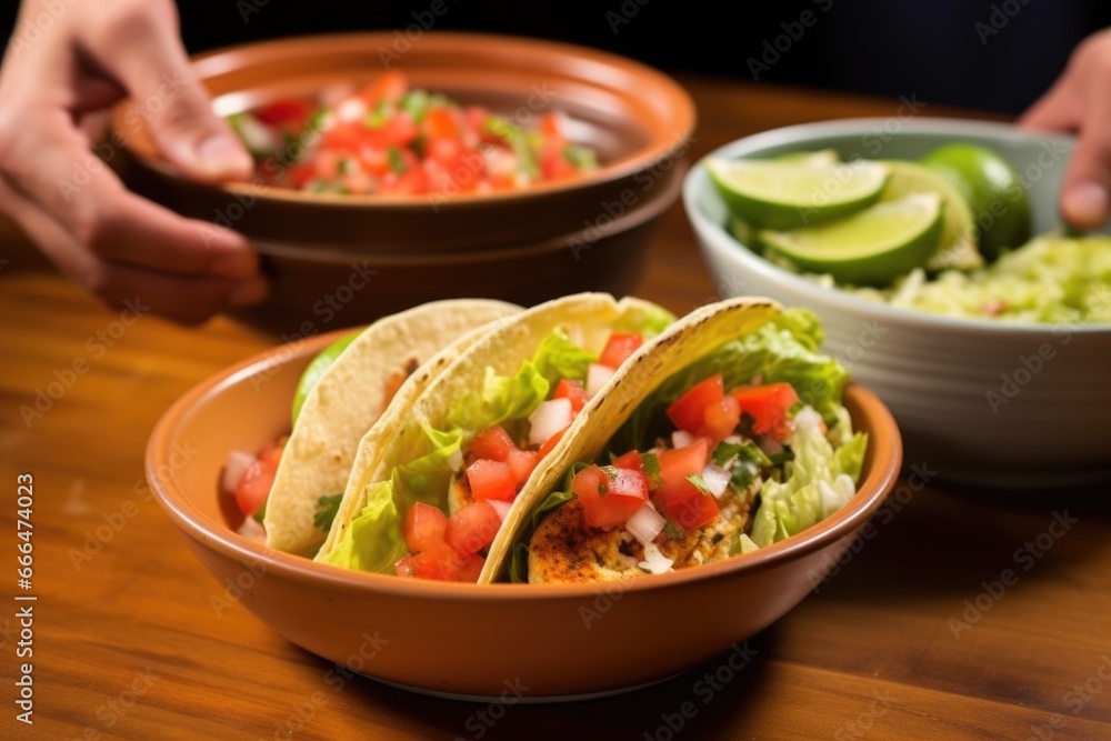 hand placing a hard shell taco in a bowl
