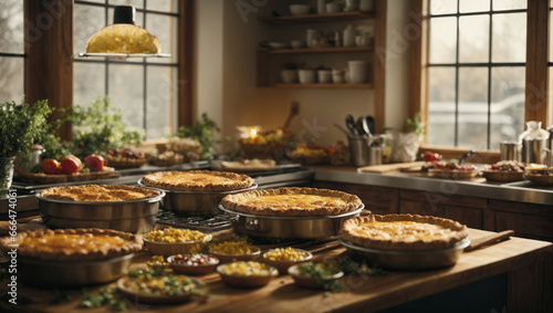 A bustling kitchen filled with the joyous chaos of preparation as pies cool on the window sill