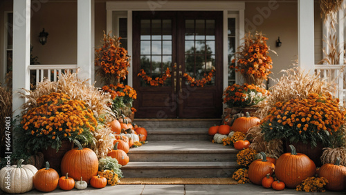 A picturesque porch decorated with pumpkins, chrysanthemums, and corn stalks, a welcoming sight for arriving family members