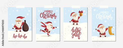 Set of greeting cards for Christmas new year winter holiday with cute funny xmas Santa Clauses and lettering. Christmas poster vector illustration in flat cartoon style