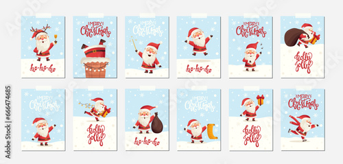Set of Christmas greeting cards with cute funny xmas Santa Clauses with different poses, emotions, new year winter holiday with lettering. Christmas poster vector illustration in flat cartoon style