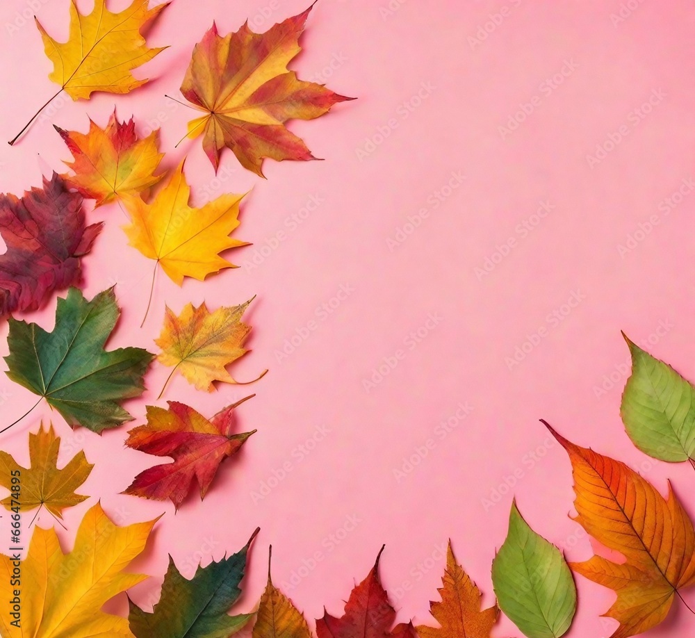 Golden Maple Oak Hazelnut Geranium and Poinsettia leaves Golden leaves against a pink backdrop Simple autumn theme with copy space Golden Maple Oak Hazelnut Geranium and Poinsettia leaves Golden leaves against a pink backdrop Simple autumn theme with copy space