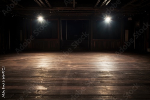 empty stage with old wooden floorboards under dim light © Alfazet Chronicles