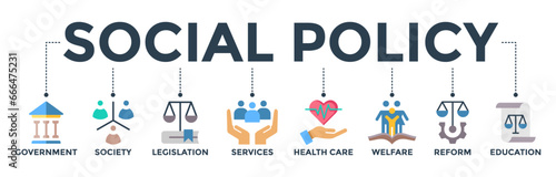 Social policy banner web icon vector illustration concept with icon of government, society, legislation, services, health care, welfare, reform, education