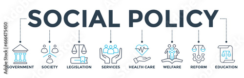 Social policy banner web icon vector illustration concept with icon of government, society, legislation, services, health care, welfare, reform, education