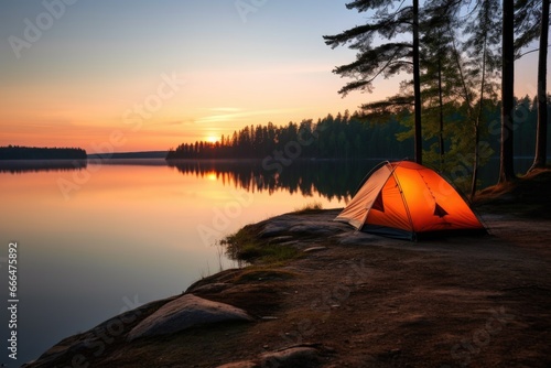 a camping tent next to a lakeside at dawn