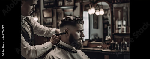 barber cutting beard in barber shop.