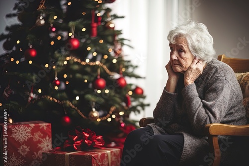 Lonely elderly woman Grandmother during Christmas missing loved ones. Scene of sadness, trauma and loss.