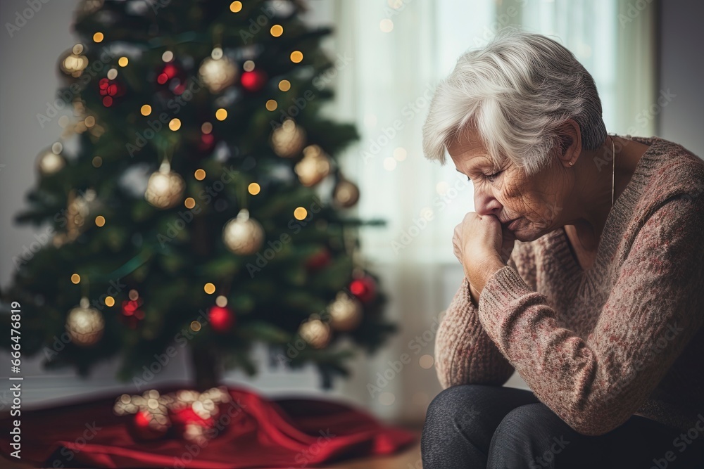 Lonely elderly woman Grandmother during Christmas missing loved ones. Scene of sadness, trauma and loss. - obrazy, fototapety, plakaty 