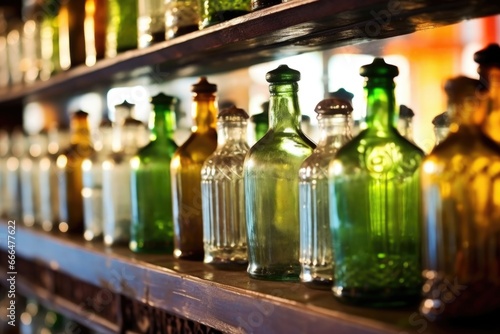 macro shot of old-fashioned glass bottles in a saloon