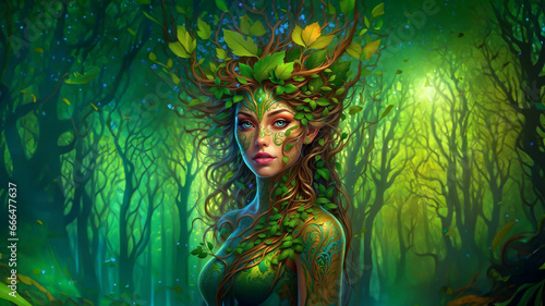 A sleek and mysterious dryad, her body a fusion of nature and technology, stands amidst a digital landscape. The image is a digital painting photo