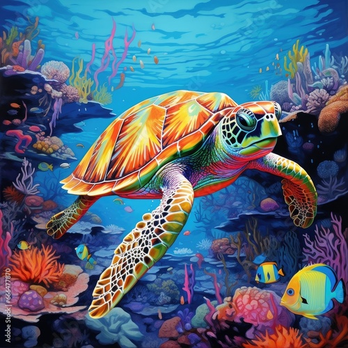 Sea turtle swimming in the ocean among colorful coral reef. Underwater world. Generetive ai