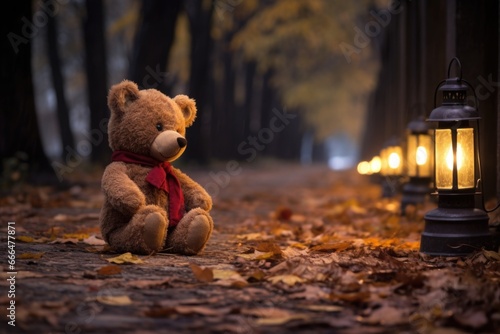 teddy bear sitting on a path with park lanterns in the background
