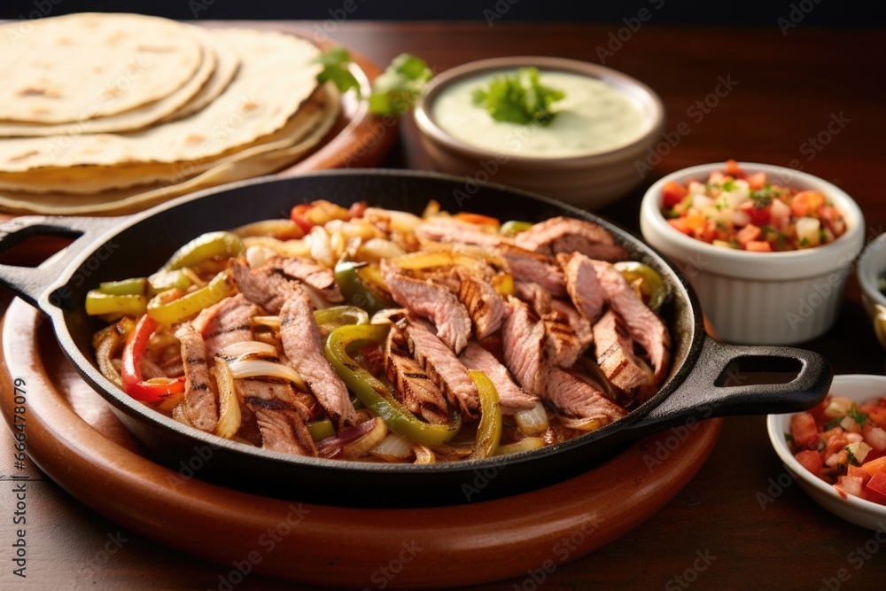 fajitas skillet with a separate plate of condiments fajitas skillet with a separate plate of condiments