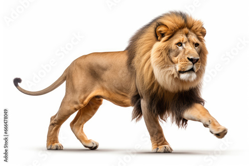 Running lion on white background