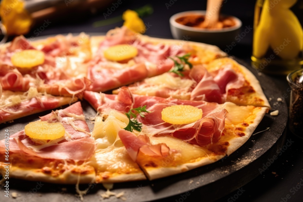 sliced pizza with pineapple chunks and ham pieces sliced pizza with pineapple chunks and ham pieces